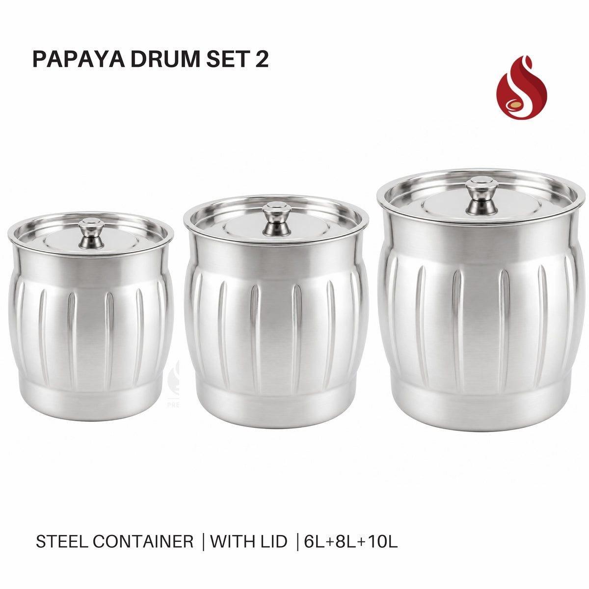 Papaya Stainless Steel Drum Set with Lid (3-Piece)