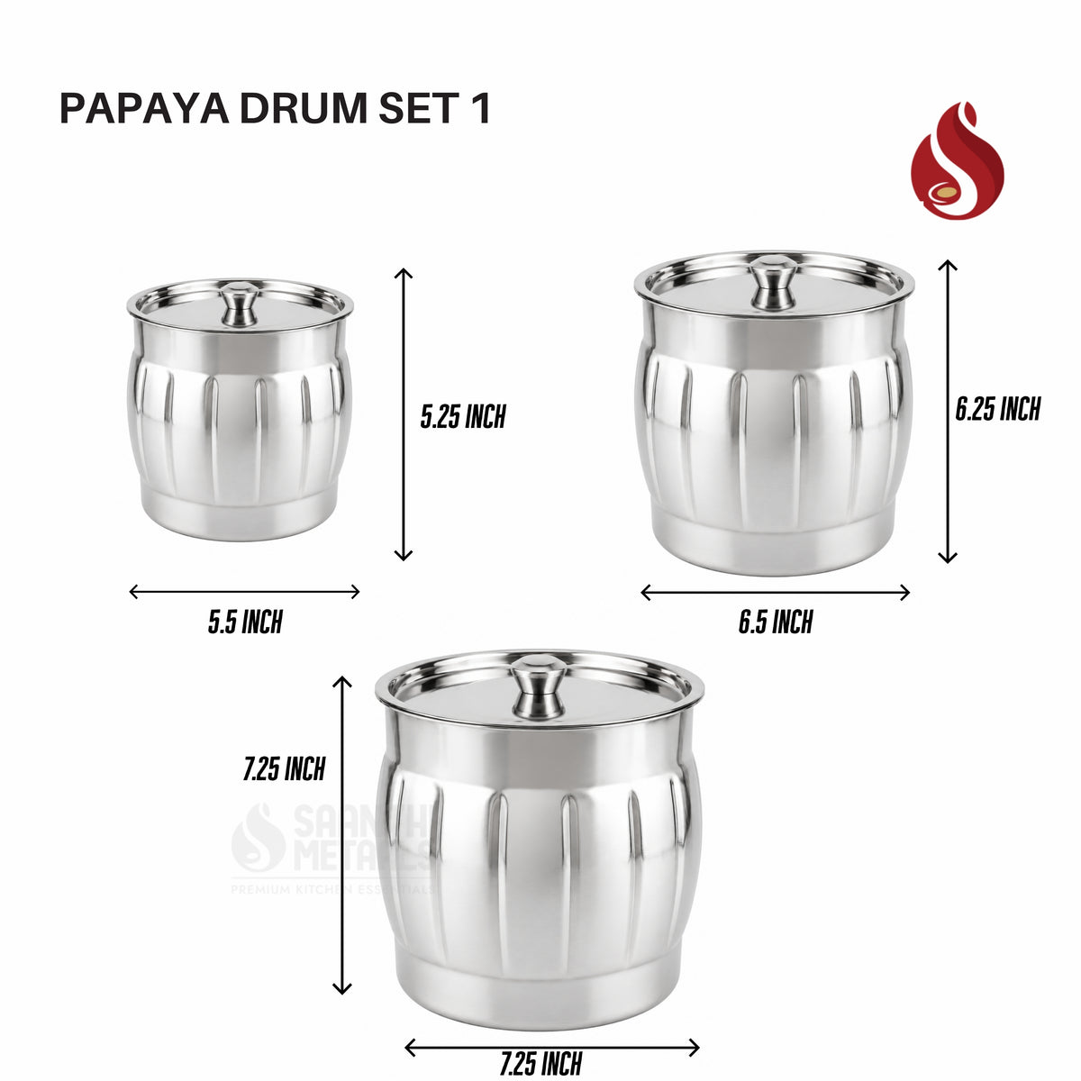 Papaya Stainless Steel Drum Set with Lid (3-Piece)