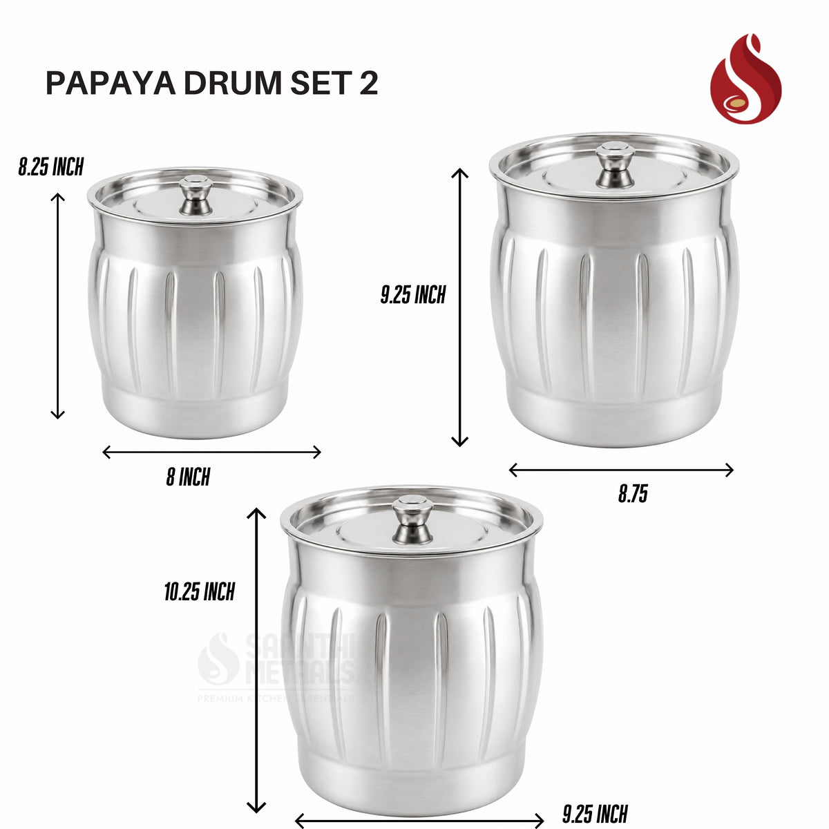Papaya Stainless Steel Drum Set with Lid (3-Piece)