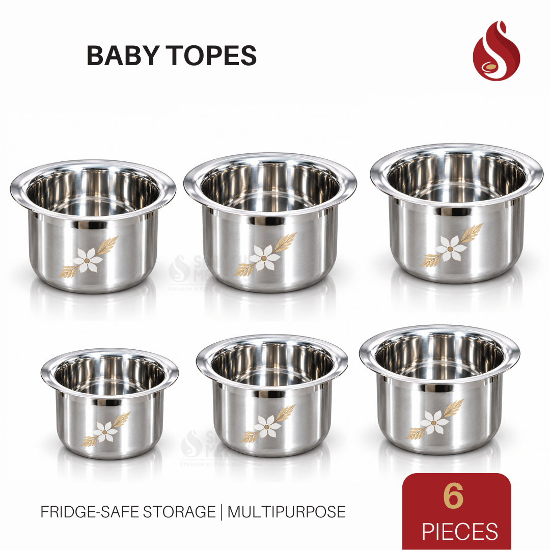 Stainless Steel Laser Printer Baby Tope - 6 pcs Combo set / Storage Containers for Kitchen | Fridge Safe storage container (Capacity - 50ml to 1L)