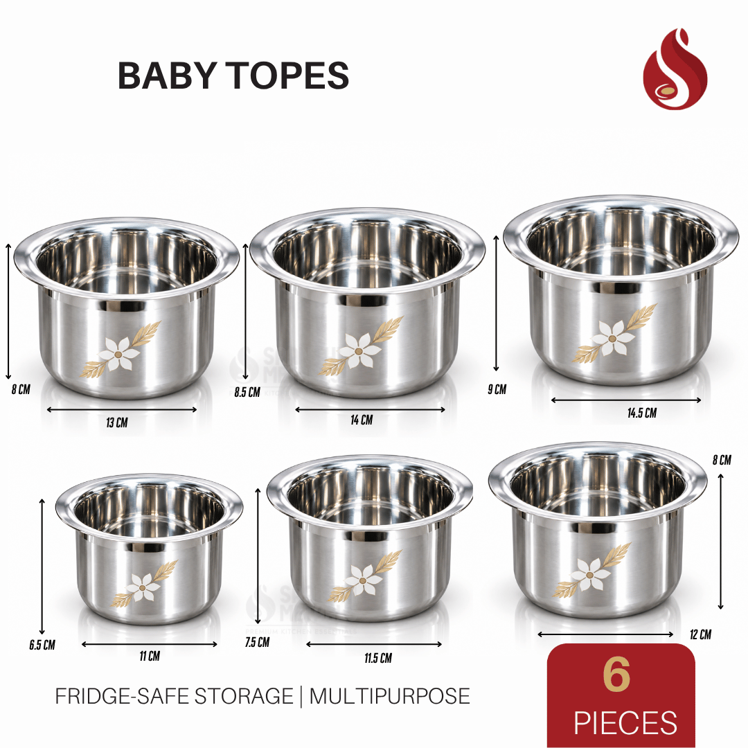 Stainless Steel Laser Printer Baby Tope - 6 pcs Combo set / Storage Containers for Kitchen | Fridge Safe storage container (Capacity - 50ml to 1L)