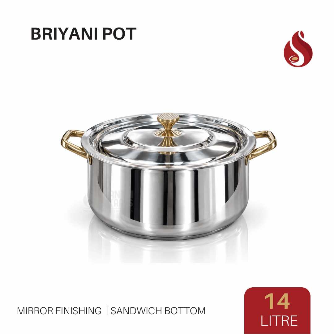 Premium Stainless Steel Sandwich Bottom Biryani Pot with Inner Lid – PVD Gold Finish Handles | 6L, 9L & 14L