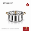 Premium Stainless Steel Sandwich Bottom Biryani Pot with Inner Lid – PVD Gold Finish Handles | 6L, 9L & 14L