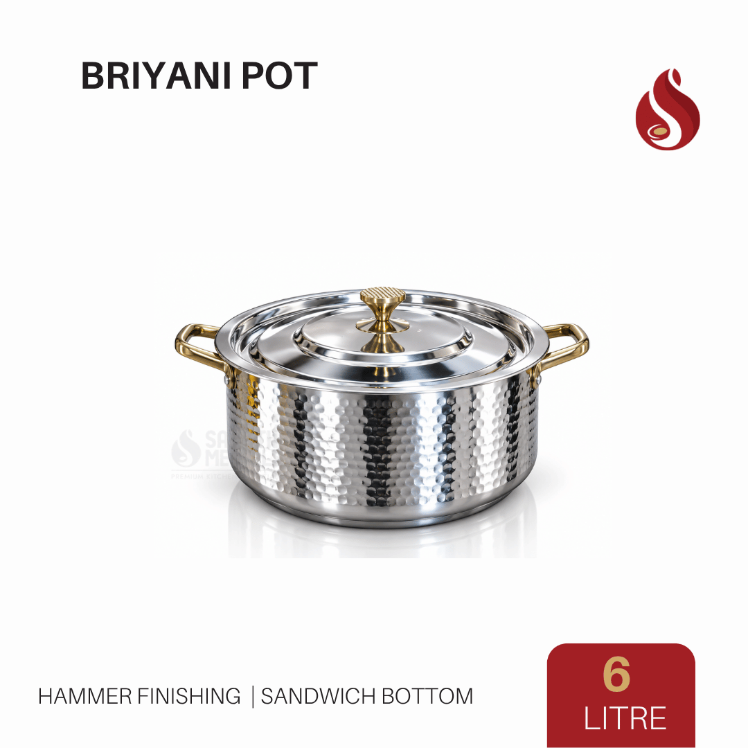 Premium Stainless Steel Sandwich Bottom Biryani Pot with Inner Lid – Hammer Finish - PVD Gold Finish Handles | 6L, 9L & 14L