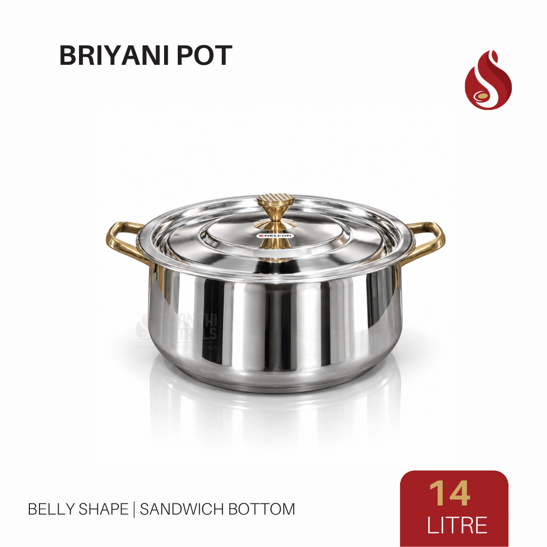 Premium Stainless Steel Sandwich Bottom Belly Shape Biryani Pot with Inner Lid & PVD Gold Finishing Handles | 6L, 9L & 14L