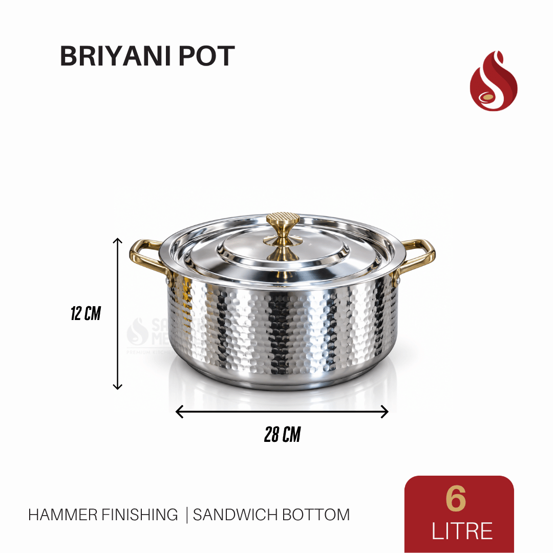 Premium Stainless Steel Sandwich Bottom Biryani Pot with Inner Lid – Hammer Finish - PVD Gold Finish Handles | 6L, 9L & 14L