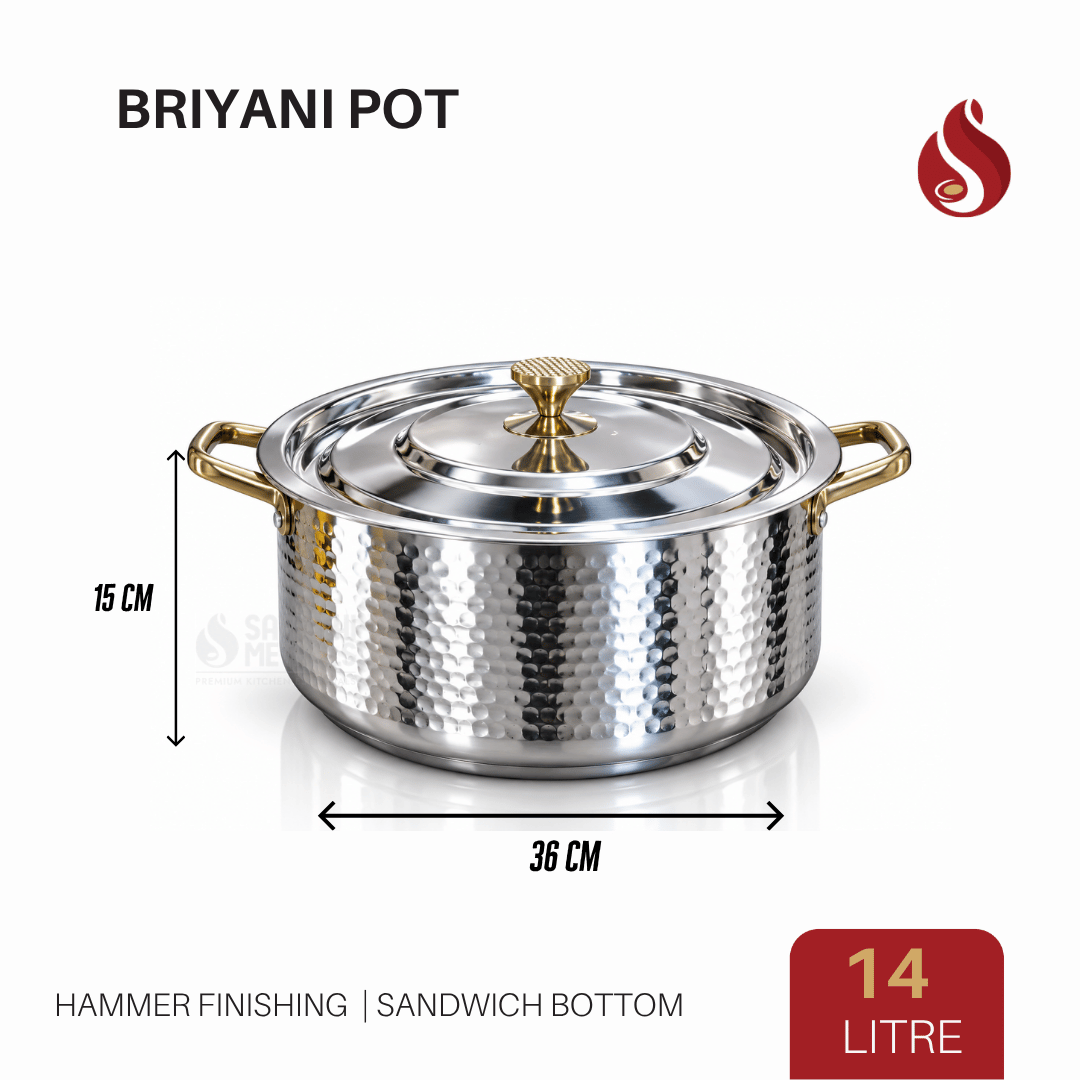 Premium Stainless Steel Sandwich Bottom Biryani Pot with Inner Lid – Hammer Finish - PVD Gold Finish Handles | 6L, 9L & 14L