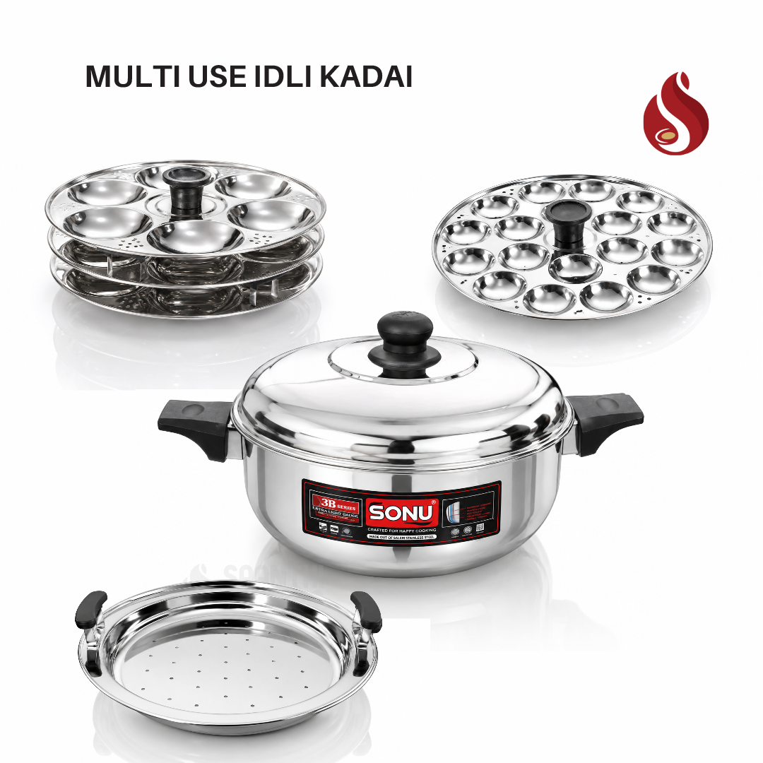 Aadi Saravedi - Sonu Stainless Steel Triply Base Multi Kadai with Regular idly Palate, Dhokla Plate Steamer Plate and Mini Idly Plate