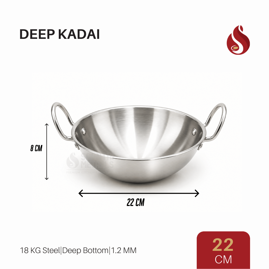 Stainless Steel Deep Kadai | 20cm/22cm/24cm/26cm, Premium Quality
