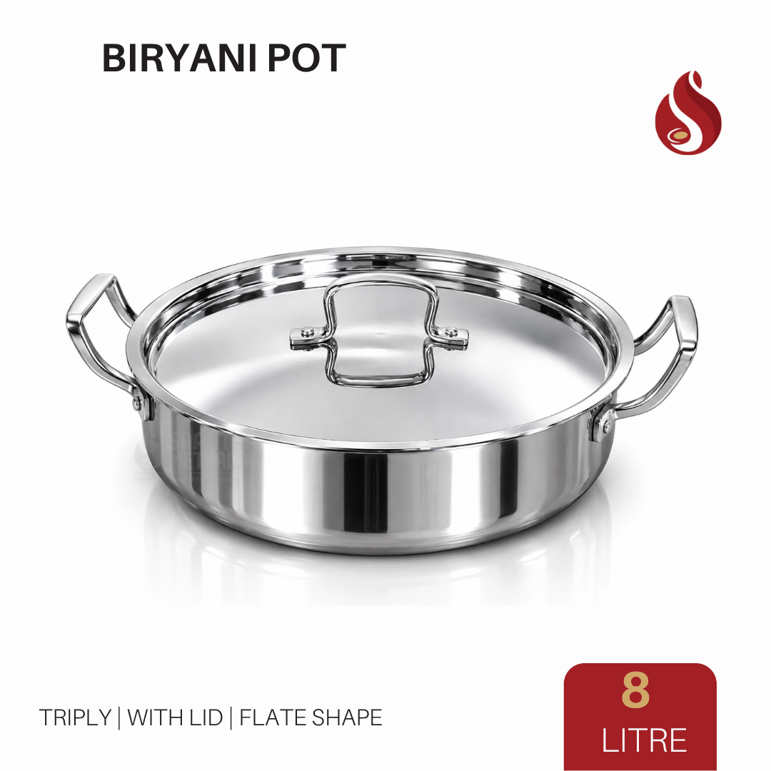 Praylady Triply Flat Pot Shape Biryani Pot with Lid & Handle | Triply Biryani Handi | Dum Biryani Cooking Pot