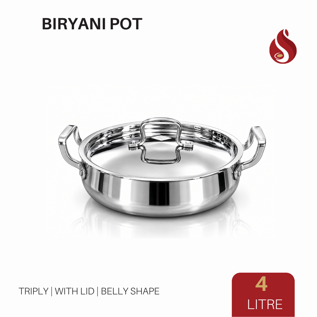 A stainless steel biryani pot with lid, shown on a white background with text reading 'BIRYANI HANDI' and a red '4 LITRE' badge.