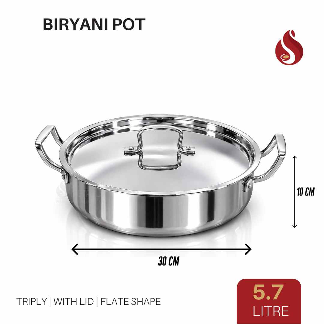 Praylady Triply Flat Pot Shape Biryani Pot with Lid & Handle | Triply Biryani Handi | Dum Biryani Cooking Pot