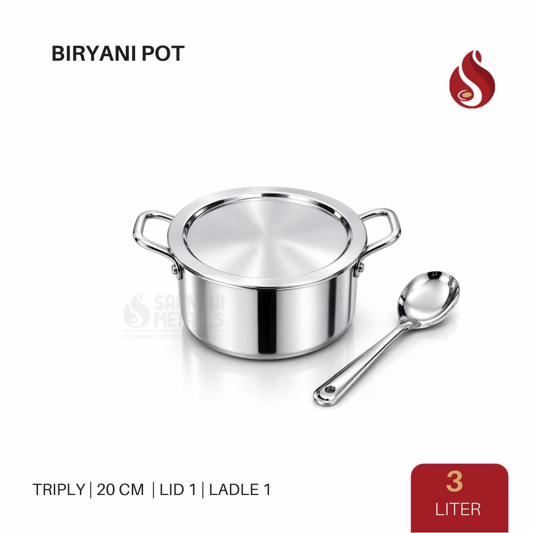 Triply Stainless Steel Biryani Pot with Lid & Ladle | Biryani Handi | Patila Handi, Even Heat Distribution, Healthy Cooking - Induction and Gas Stove Ready