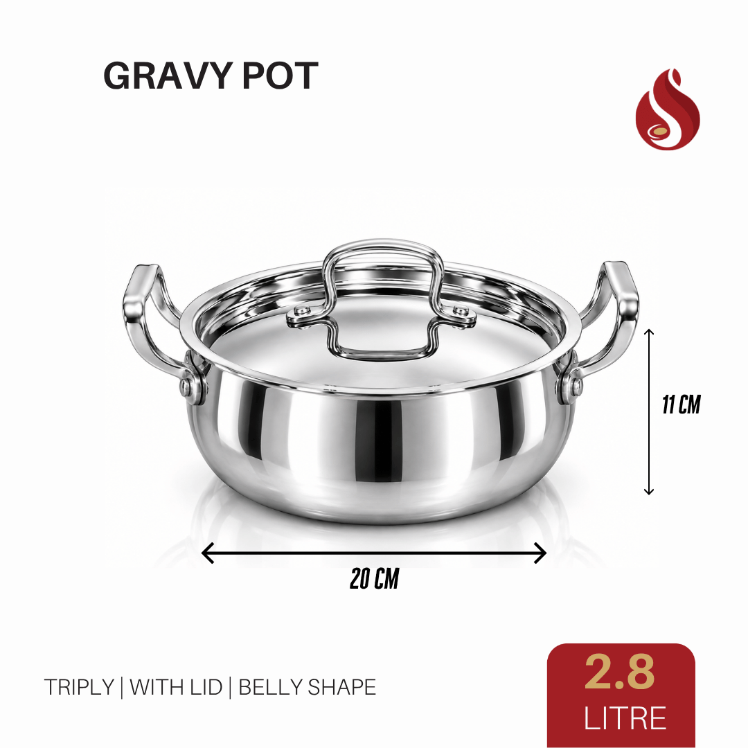 Praylady Triply Belly Shape Gravy Pot with Lid & Handle | Gravy Cooking Pot