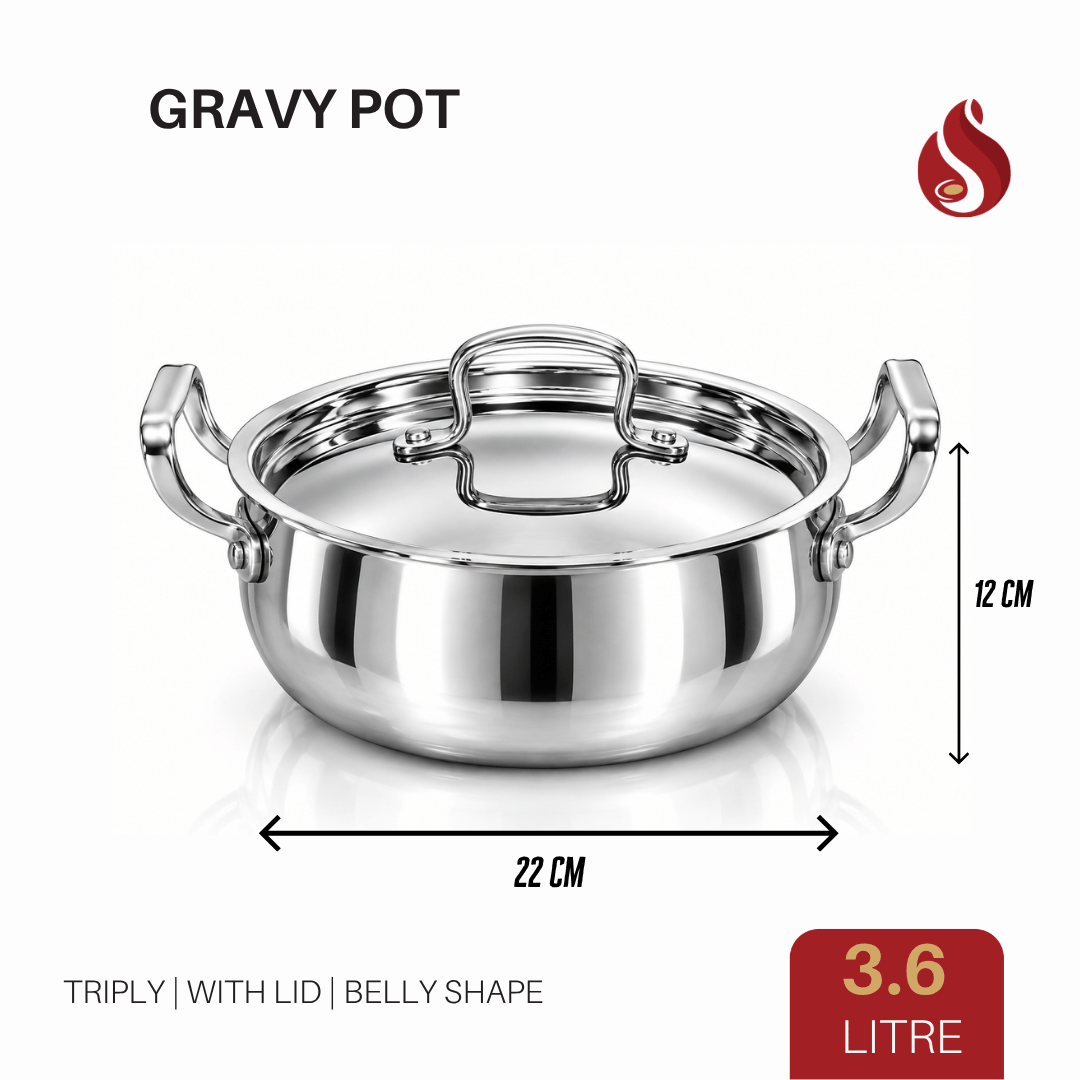 Praylady Triply Belly Shape Gravy Pot with Lid & Handle | Gravy Cooking Pot