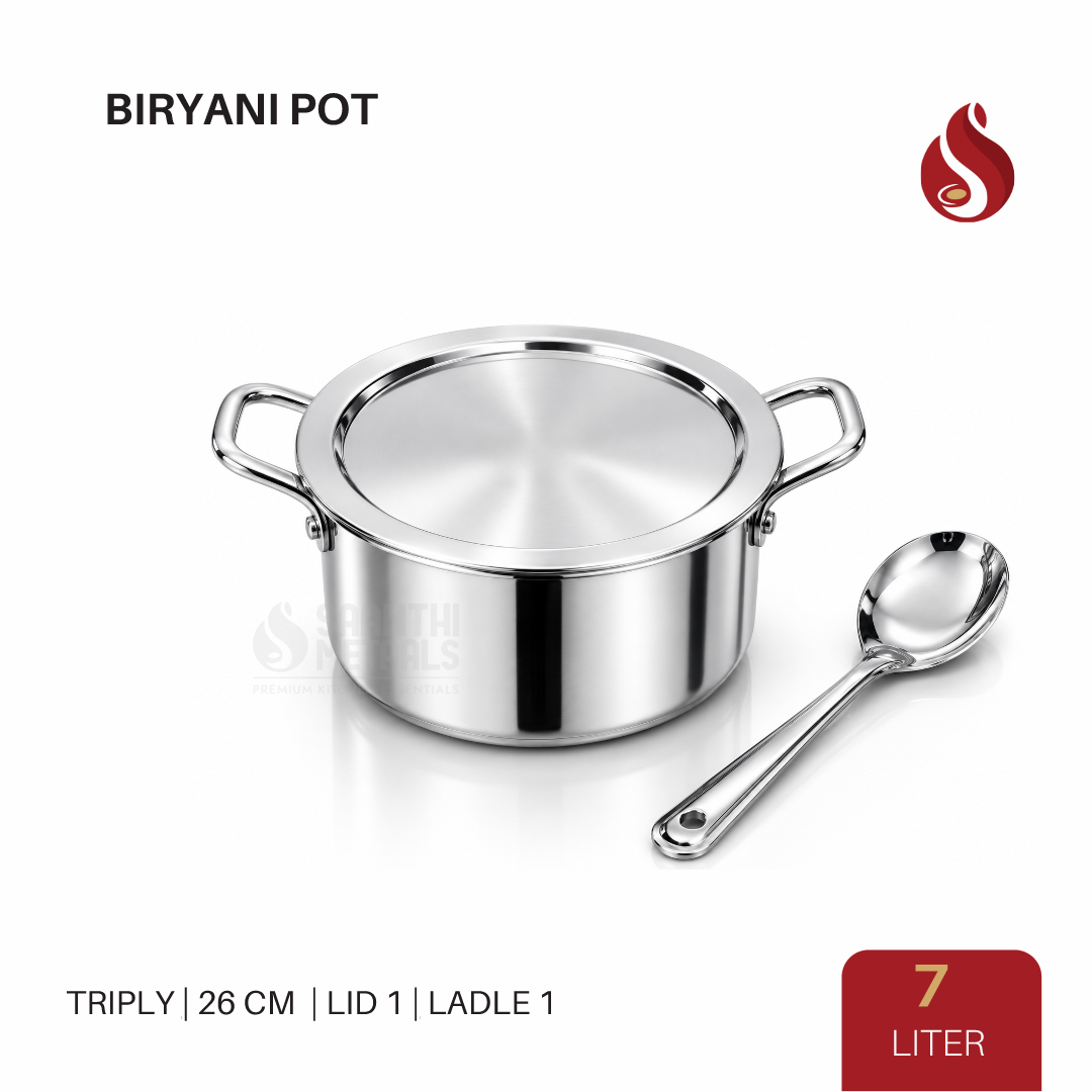 Triply Stainless Steel Biryani Pot with Lid & Ladle | Biryani Handi | Patila Handi, Even Heat Distribution, Healthy Cooking - Induction and Gas Stove Ready