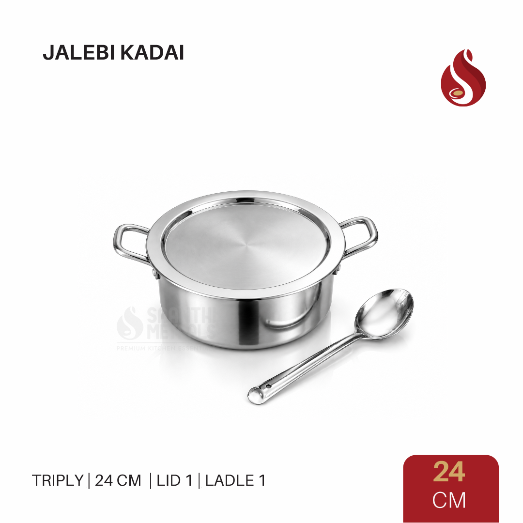 Jalebi Kadai with Lid & Ladle | Triply Stainless Steel Jalebi Pan | Flat Base Kadhai, Heavy Bottom, Less Oil Cooking, Ideal for Jalebi, Malpua, Ghewar & Biryani, Induction & Gas Compatible