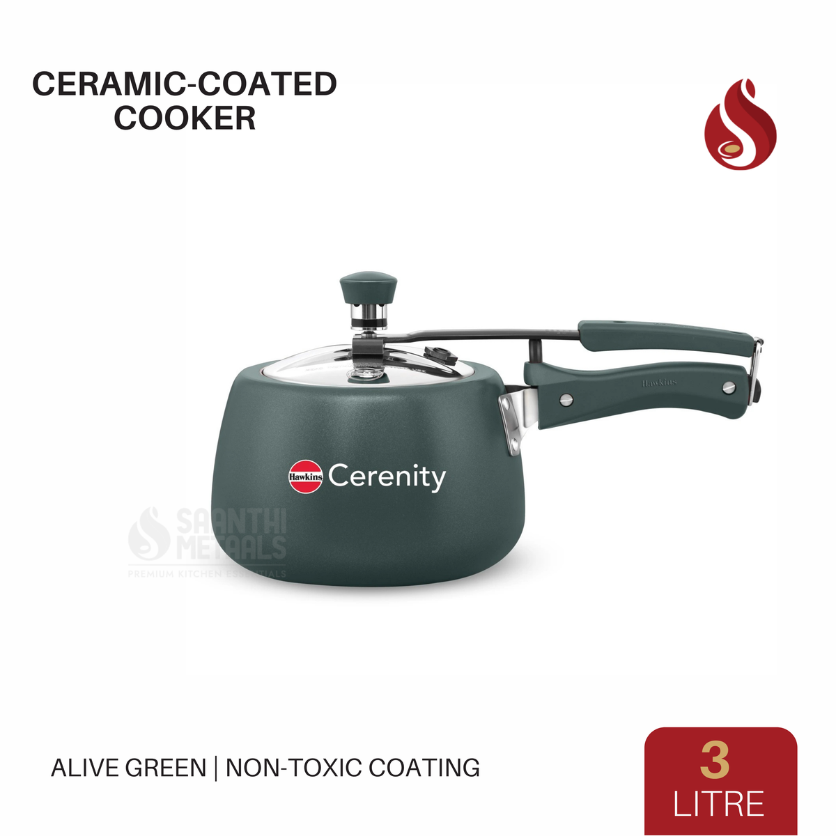 Hawkins Cerenity 3L Pressure Cooker | Ceramic Coated Body | Contura Shaped | Induction & Gas Compatible | Cook Rice, Dal & Curries