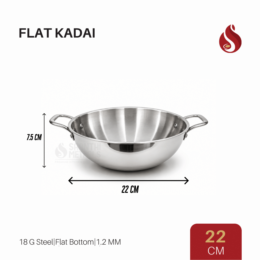 Stainless Steel Flat Kadai | 20cm/22cm/24cm/26cm/28cm/30cm/32cm, Premium Quality