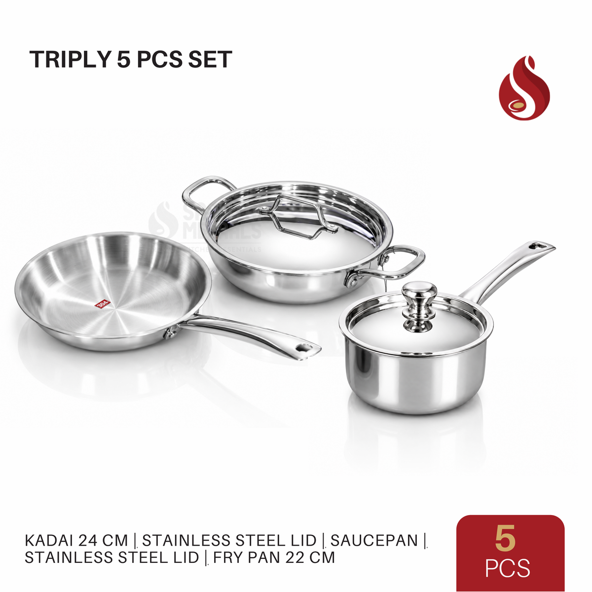 Aadi Saravedi – Triply 5 Pcs Cookware Combo 1 (24 CM Kadai + Stainless Steel Lid + Saucepan with Lid + 22 CM Fry Pan)