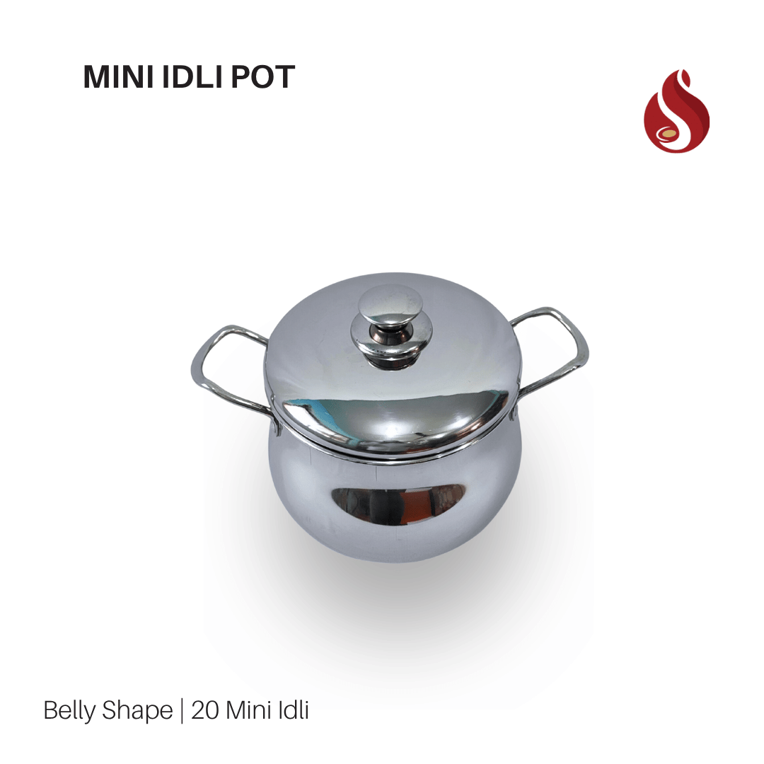 Stainless Steel Belly Shape Mini Idli Pot with Handle / Gravy Pot – 20 Mini Idli Maker