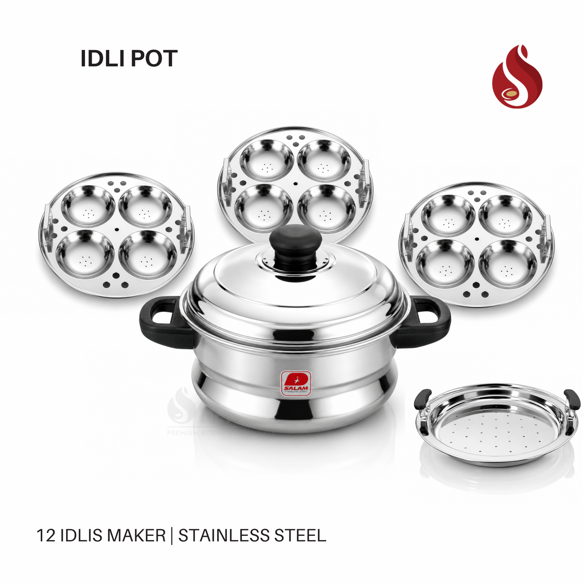 Premium Stainless Steel Idli Pot with Idli Plates & Idiyappam Plate (6 Idli / 8 Idli / 12 Idli)