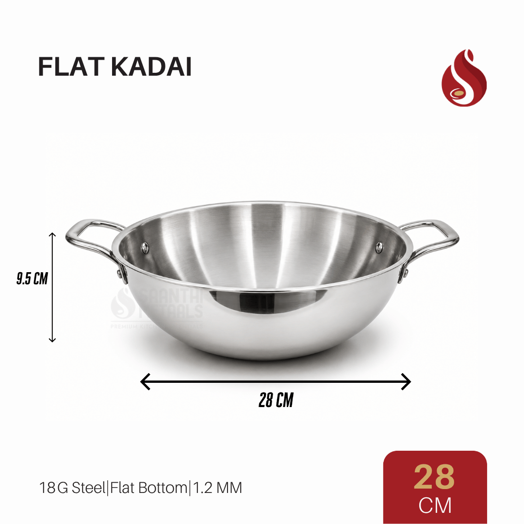 Stainless Steel Flat Kadai | 20cm/22cm/24cm/26cm/28cm/30cm/32cm, Premium Quality