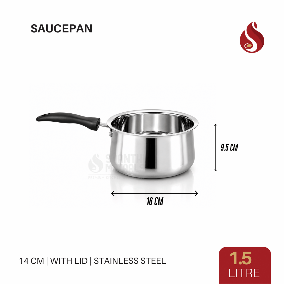 Stainless Steel Saucepan with Lid - 1L, 1.5L, 2L, 2.5L