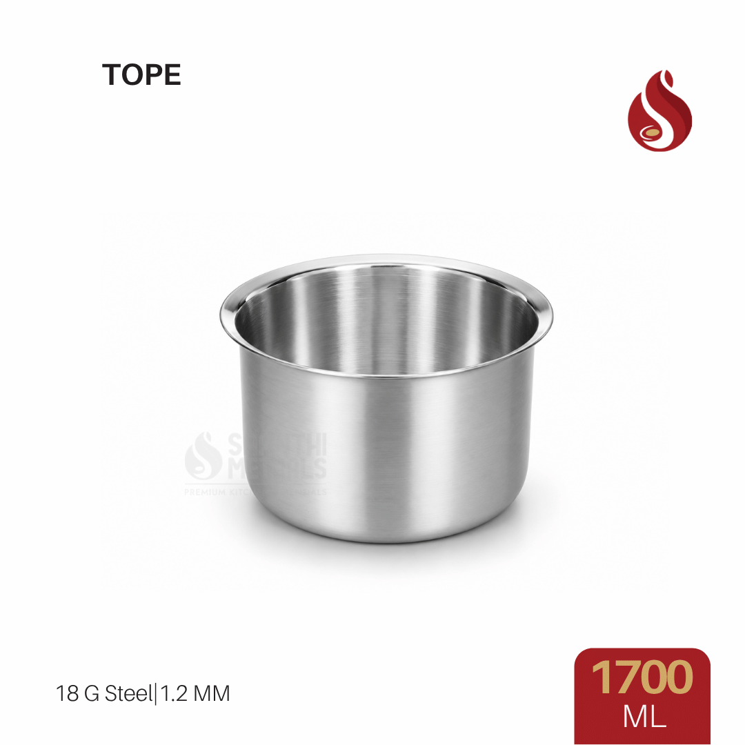 Thick ply Stainless Steel Flat Bottom Tope – 18 Gauge Heavy Steel, 1.2 mm Thickness | Serving Dish | 600ML, 1000ML, 1300ML, 1700ML, 2400ML & 2900ML