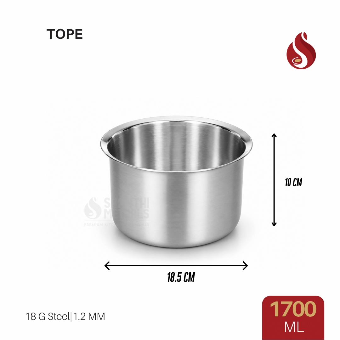 Thick ply Stainless Steel Flat Bottom Tope – 18 Gauge Heavy Steel, 1.2 mm Thickness | Serving Dish | 600ML, 1000ML, 1300ML, 1700ML, 2400ML & 2900ML