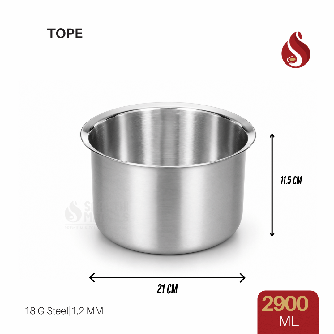 Thick ply Stainless Steel Flat Bottom Tope – 18 Gauge Heavy Steel, 1.2 mm Thickness | Serving Dish | 600ML, 1000ML, 1300ML, 1700ML, 2400ML & 2900ML
