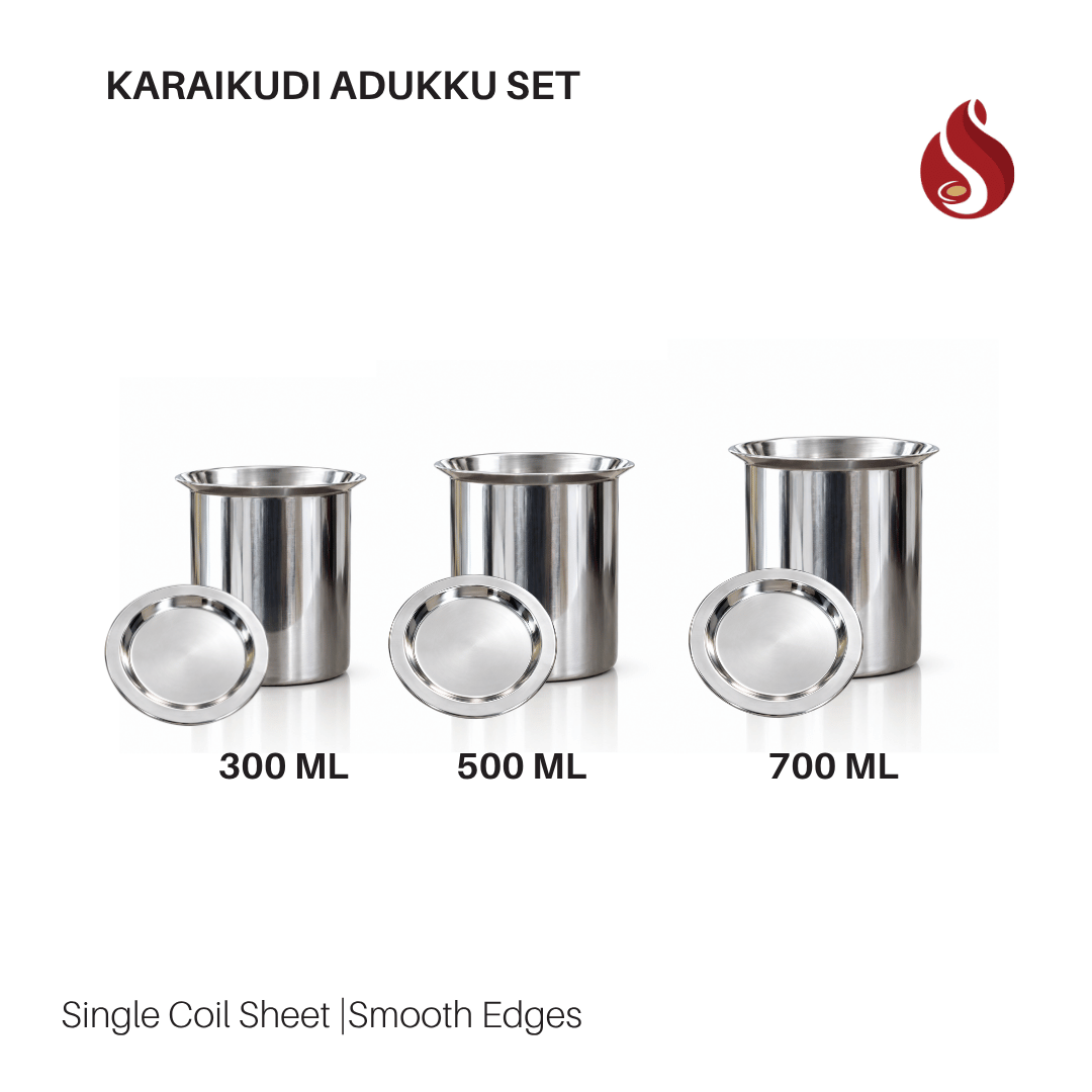 Stainless Steel Karaikudi Adukku Set with Inner lid - 3 pcs Set | Tope Set | Cookware set - 300 ML to 1700 ML