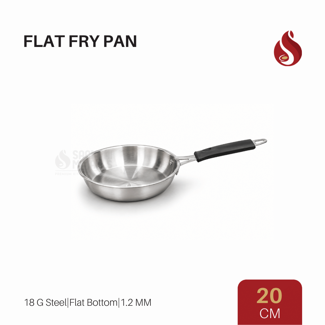 Stainless Steel Flat Fry Pan with Bakelite handle – Flat Bottom, 18G Heavy Steel | 20CM, 22CM, 24CM, 26CM