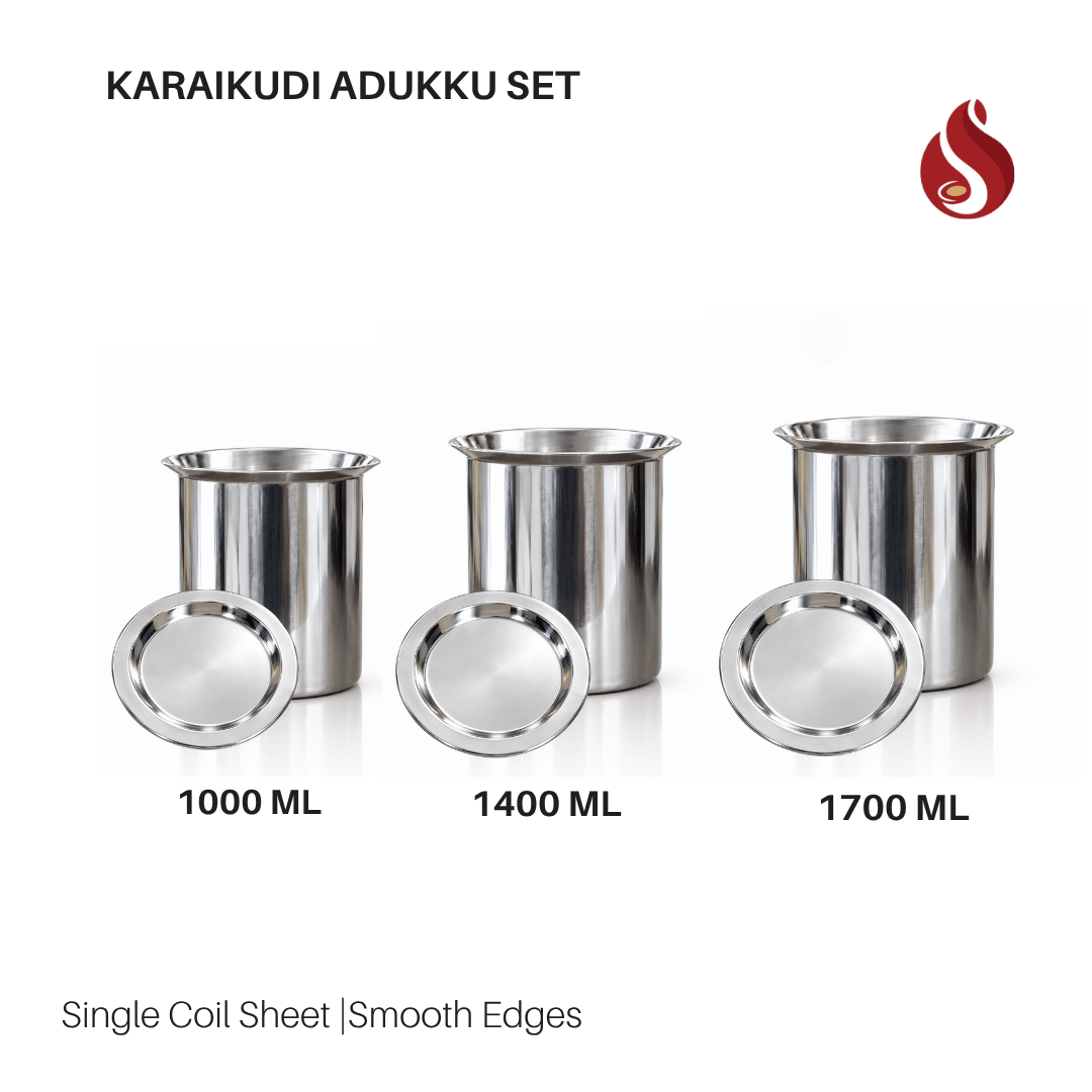 Stainless Steel Karaikudi Adukku Set with Inner lid - 3 pcs Set | Tope Set | Cookware set - 300 ML to 1700 ML