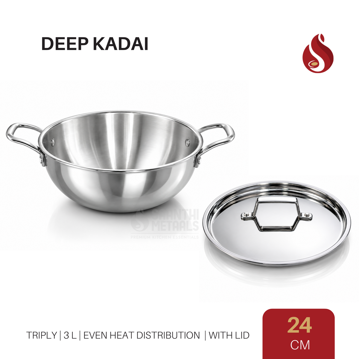 Triply Stainless Steel Deep Kadai with Lid (24 CM / 26 CM)
