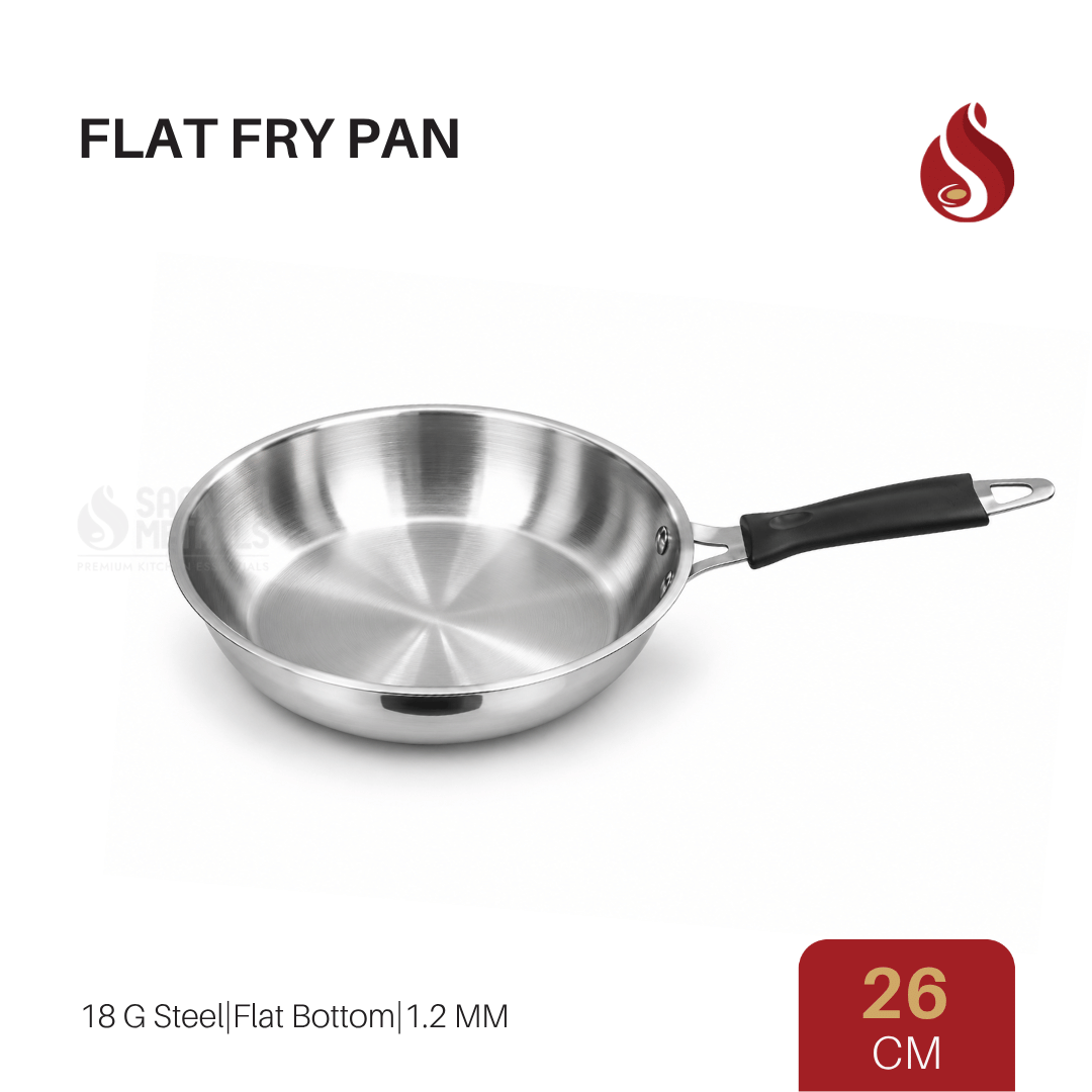 Stainless Steel Flat Fry Pan with Bakelite handle – Flat Bottom, 18G Heavy Steel | 20CM, 22CM, 24CM, 26CM