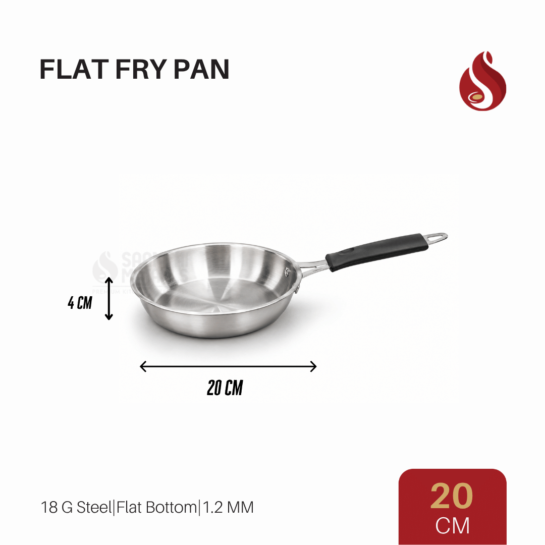 Stainless Steel Flat Fry Pan with Bakelite handle – Flat Bottom, 18G Heavy Steel | 20CM, 22CM, 24CM, 26CM