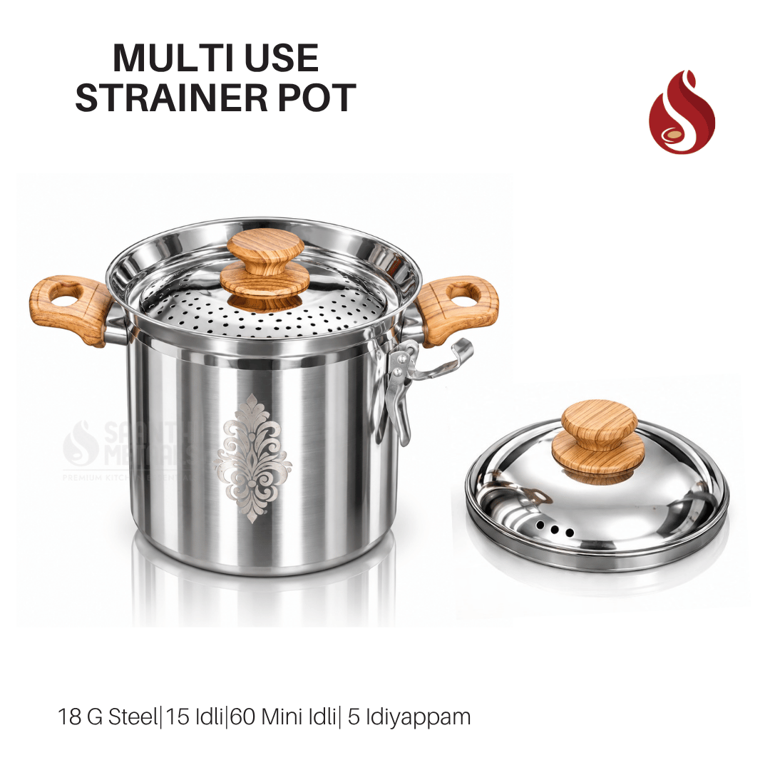 Stainless Steel Laser Printed 5-in-1 Multi-Use Strainer Pot with Lid