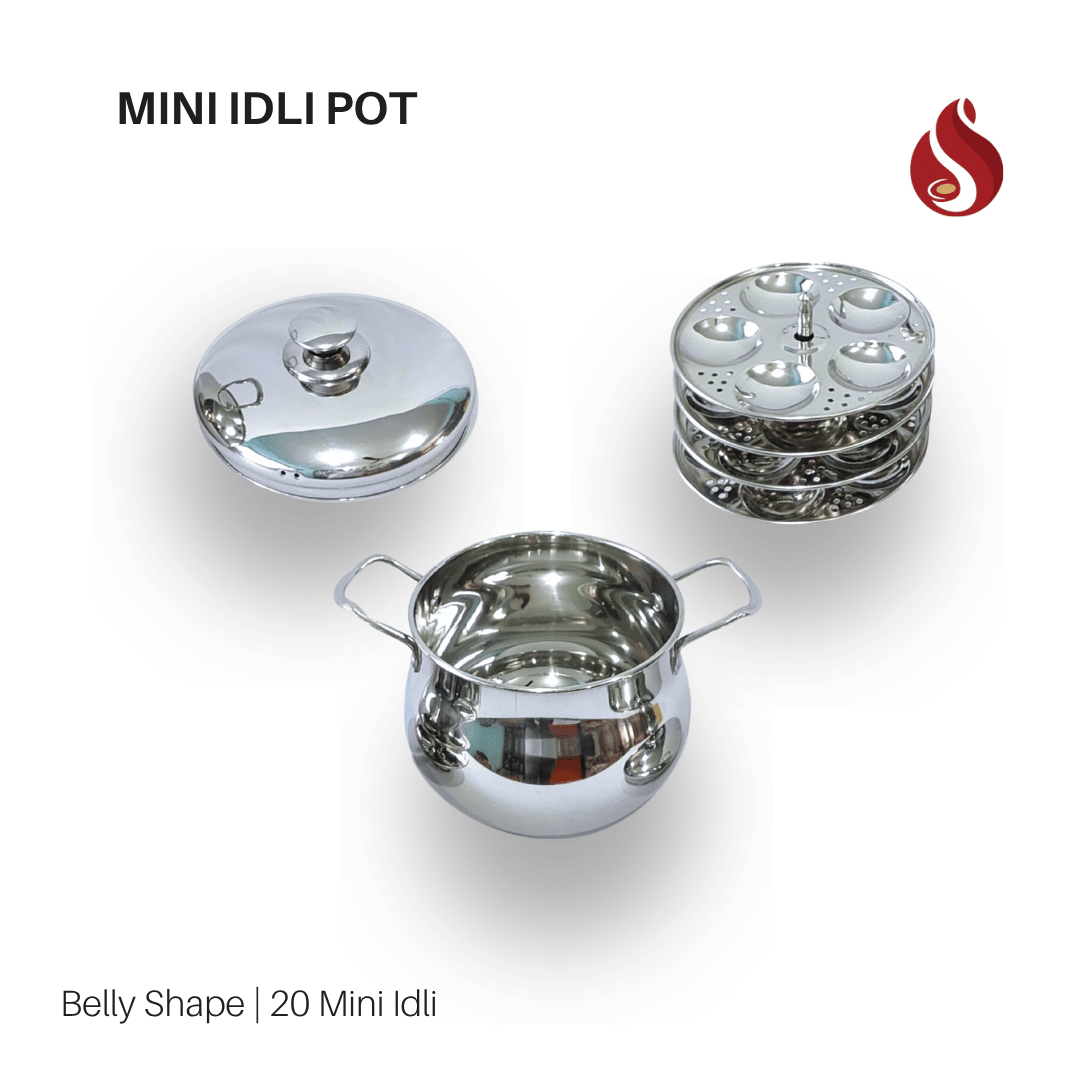 Stainless Steel Belly Shape Mini Idli Pot with Handle / Gravy Pot – 20 Mini Idli Maker
