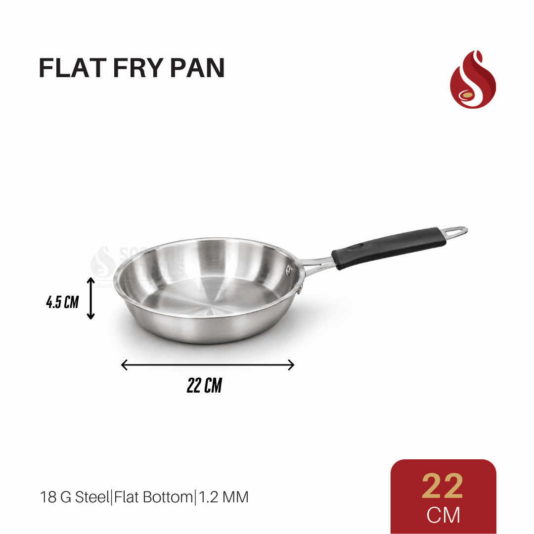 Stainless Steel Flat Fry Pan with Bakelite handle – Flat Bottom, 18G Heavy Steel | 20CM, 22CM, 24CM, 26CM