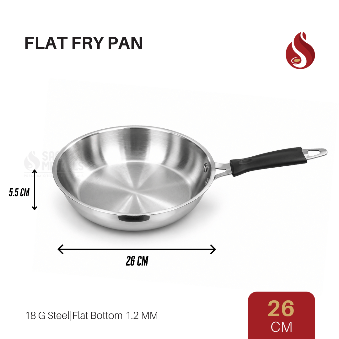 Stainless Steel Flat Fry Pan with Bakelite handle – Flat Bottom, 18G Heavy Steel | 20CM, 22CM, 24CM, 26CM