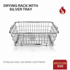 Stainless Steel Drying Rack with Removable Silver Tray | 202 Grade Heavy Duty Utensil Drying Basket with Detachable Drip Tray, Rust Proof Kitchen Countertop Plate Stand | Vessel Drainer Basket Sink