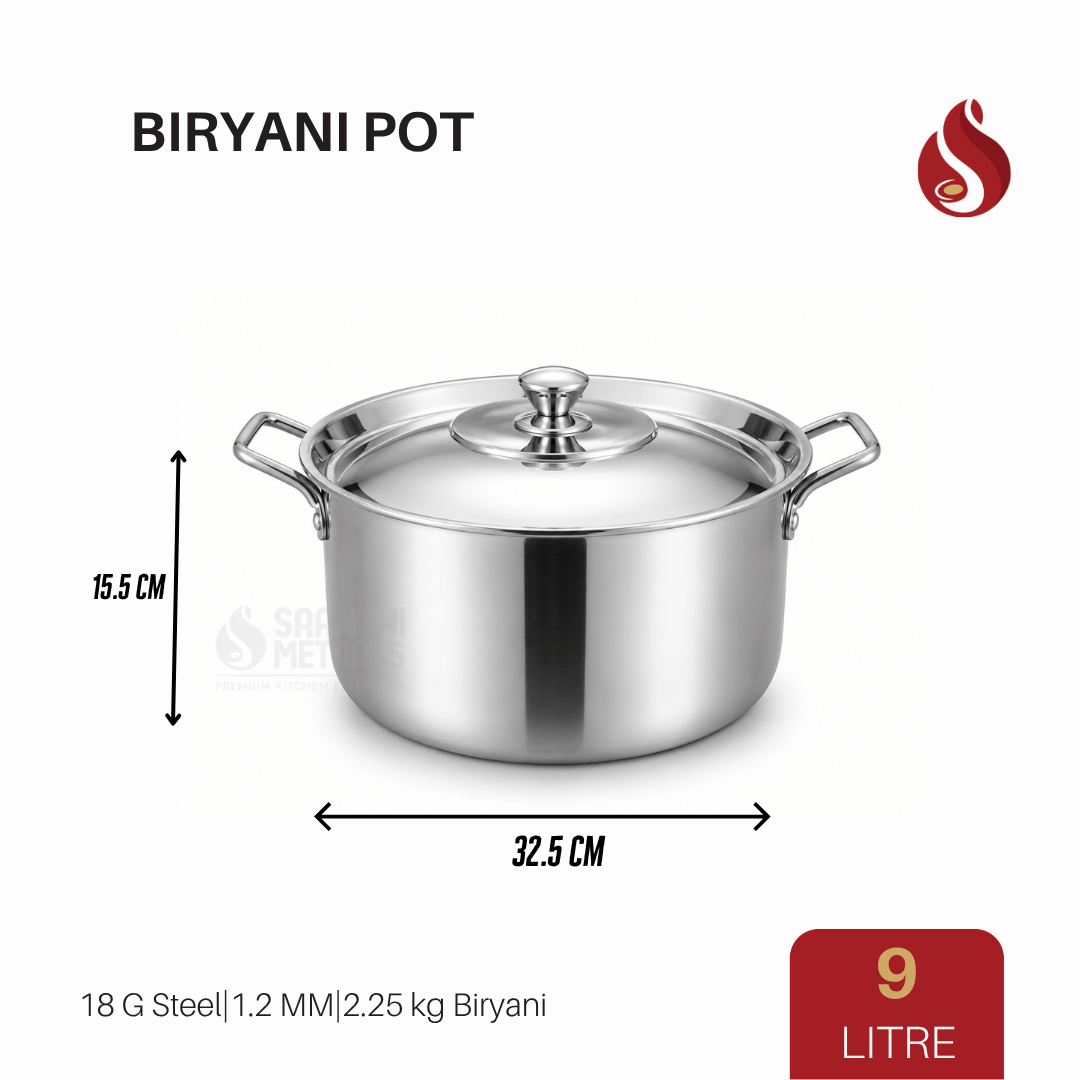 Thick ply Stainless Steel Biryani Pot with Lid | Biriyani Handi | Casserole Pot | 7L, 9L, 10L & 11L
