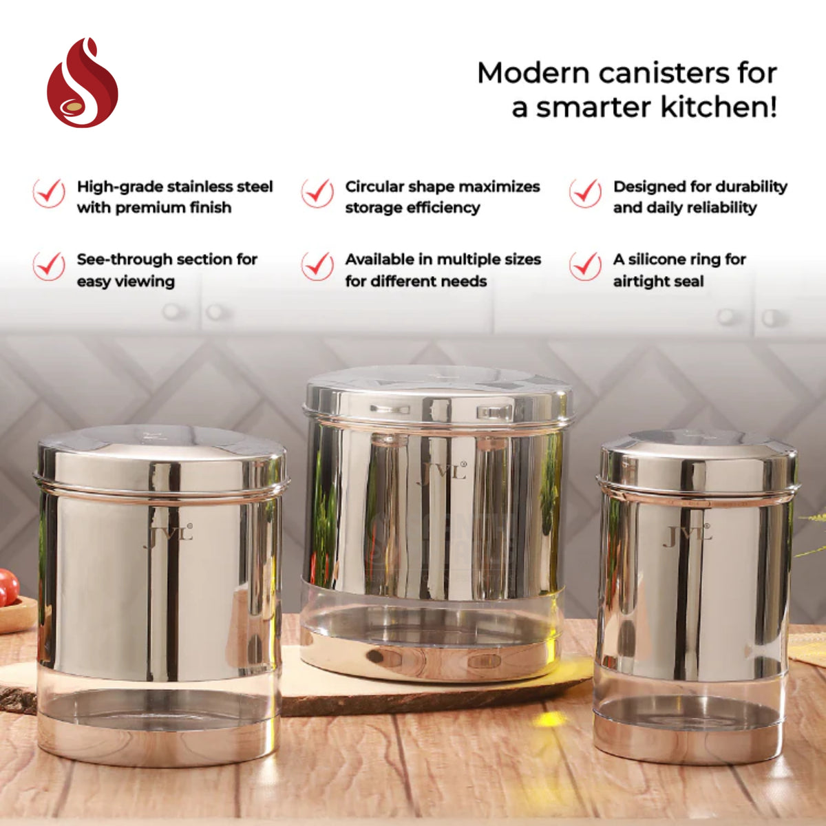 JVL Trendy Clear Container with See through window, Airtight Lid, Ideal for Grains, Snacks, Spices & Dry Fruits