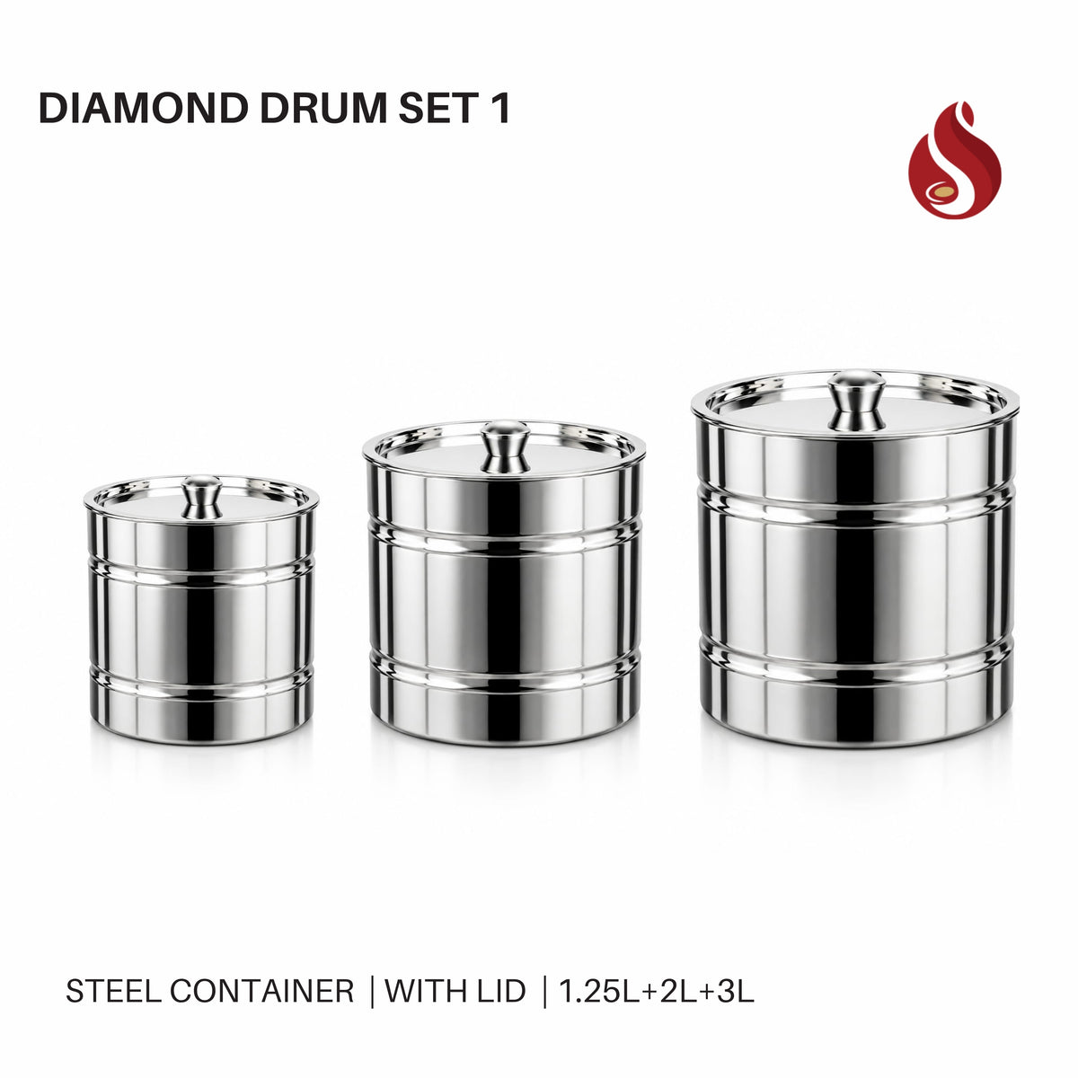 Diamond Stainless Steel Drum 3-Piece Set with Lid – Premium Quality