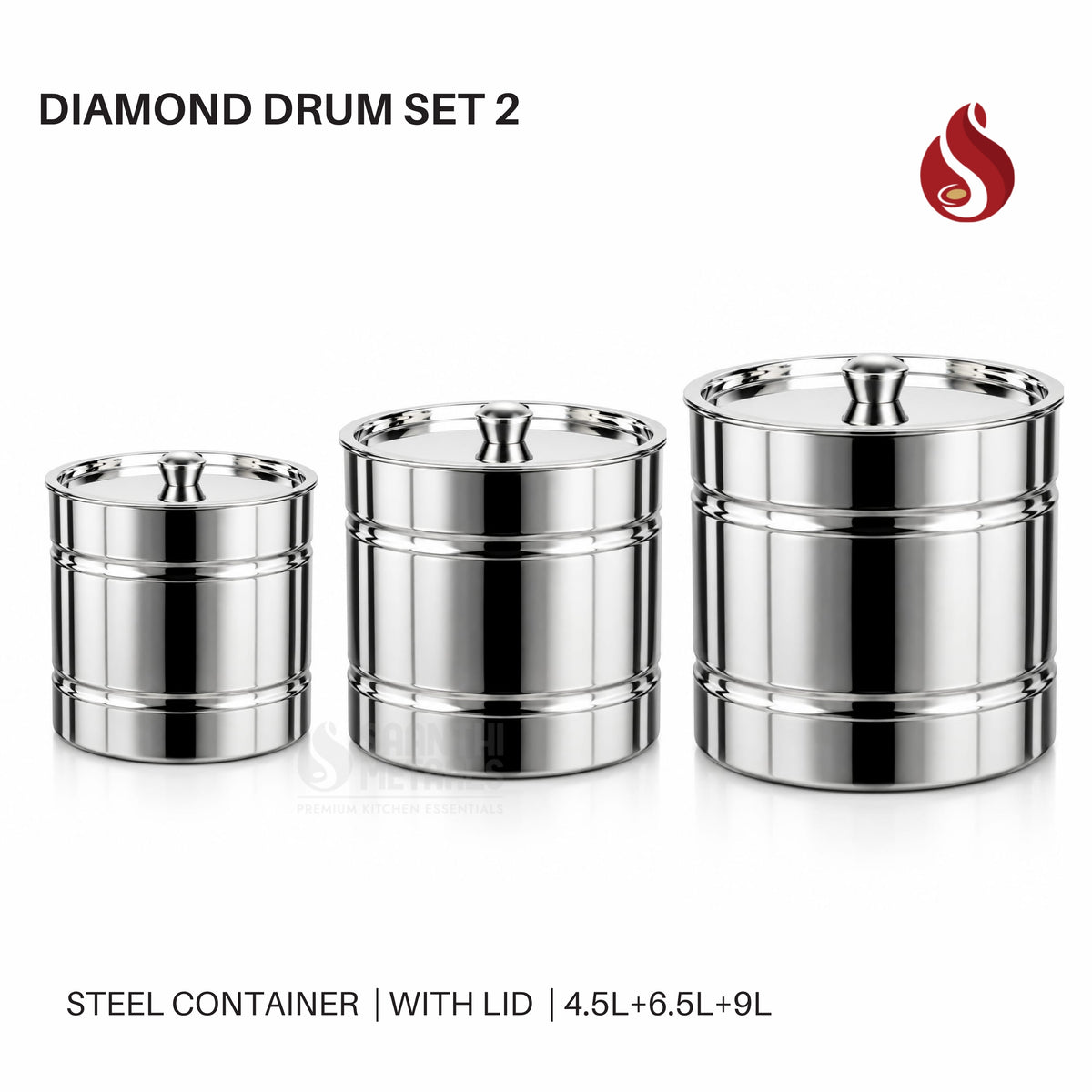 Diamond Stainless Steel Drum 3-Piece Set with Lid – Premium Quality