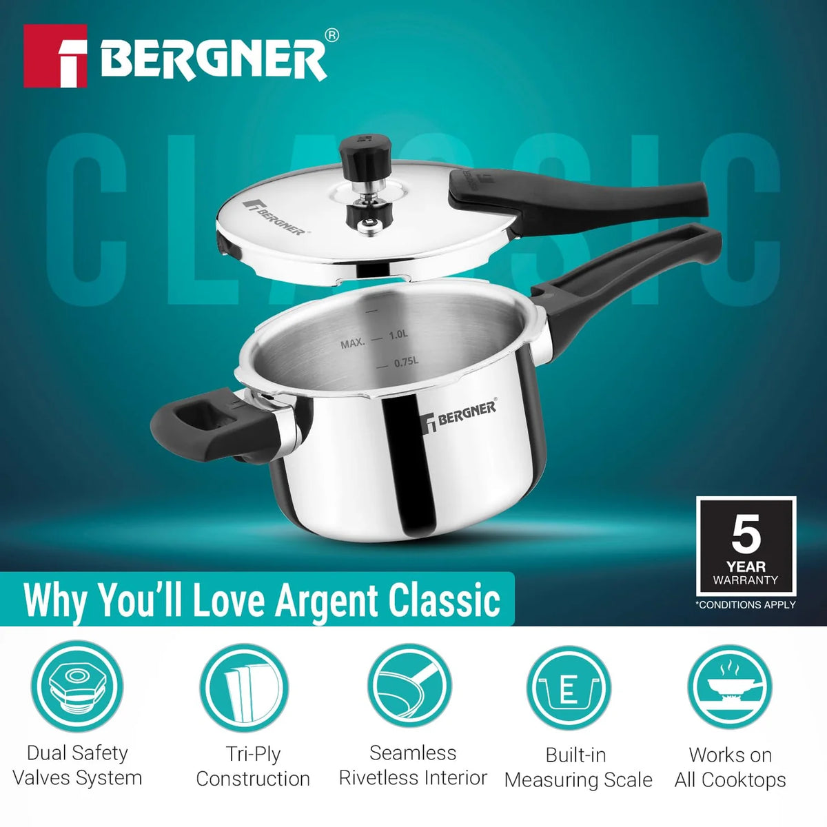 Bergner Argent Classic Triply Stainless Steel Pressure Cooker