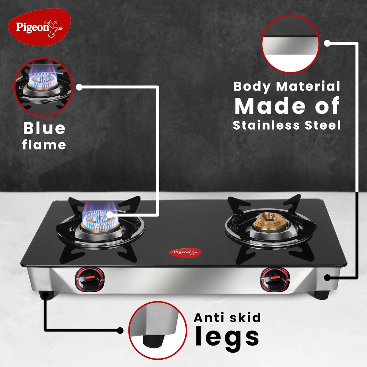 Pigeon by Stovekraft Favourite Glass Top 2 Burner Gas Stove – Manual Ignition (Black)