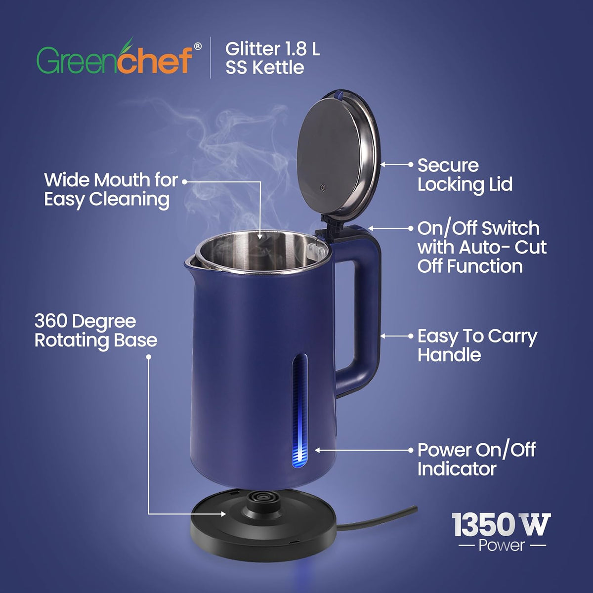 Greenchef Glitter Cordless Pot with cool touch body 1500 watts Blue Electric Kettle (1.8 L), Power Indicator, Easy press for Lid open, Auto shut off, Anti rust, Boil dry protection