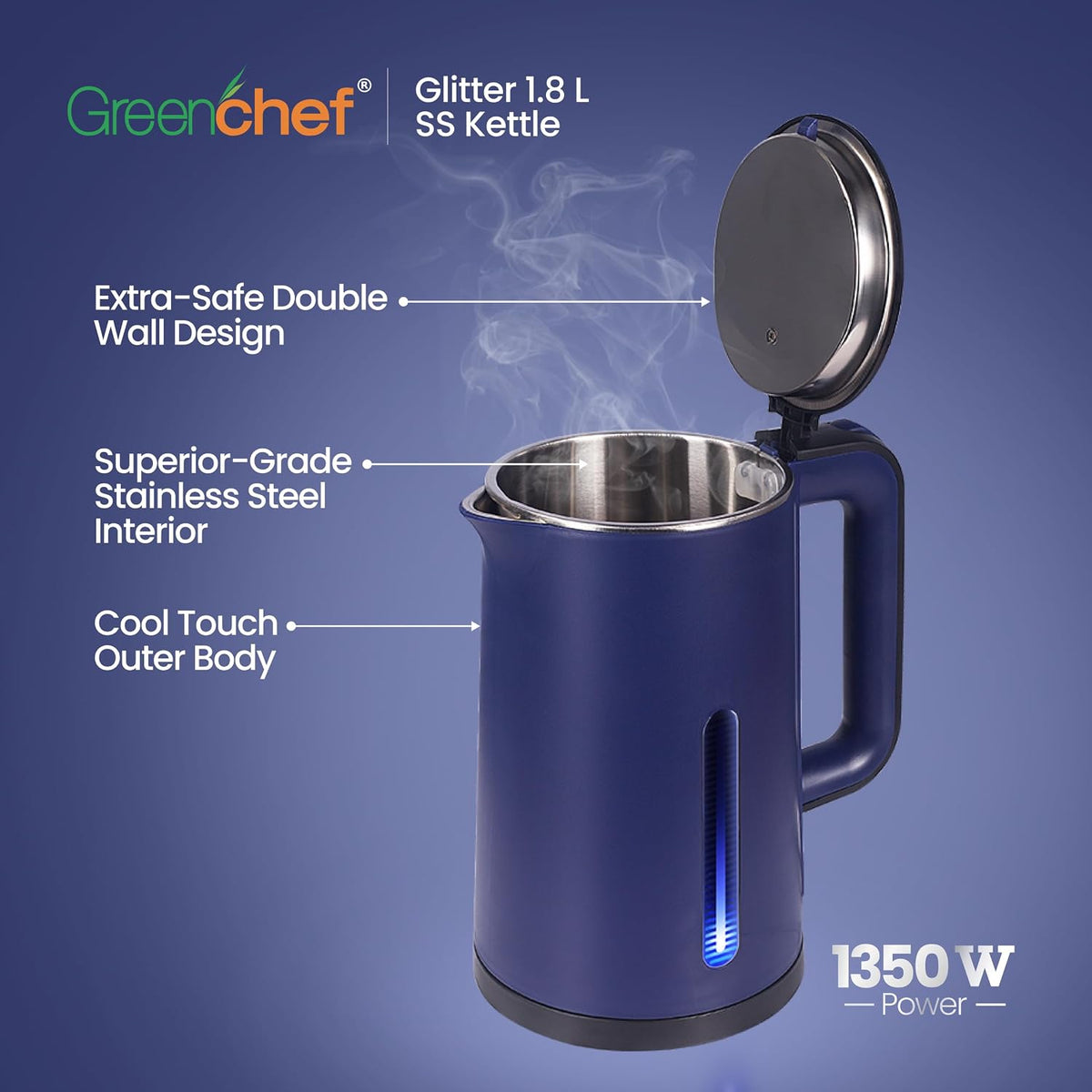 Greenchef Glitter Cordless Pot with cool touch body 1500 watts Blue Electric Kettle (1.8 L), Power Indicator, Easy press for Lid open, Auto shut off, Anti rust, Boil dry protection